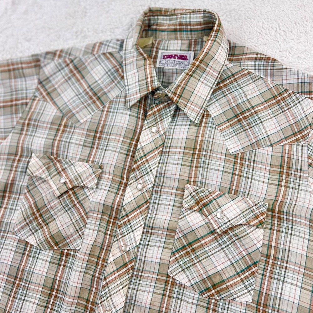 Vintage Denver Westerns Shirt Men's 2XL Gold Tan Plaid Extra‎ Long Tail Snap USA